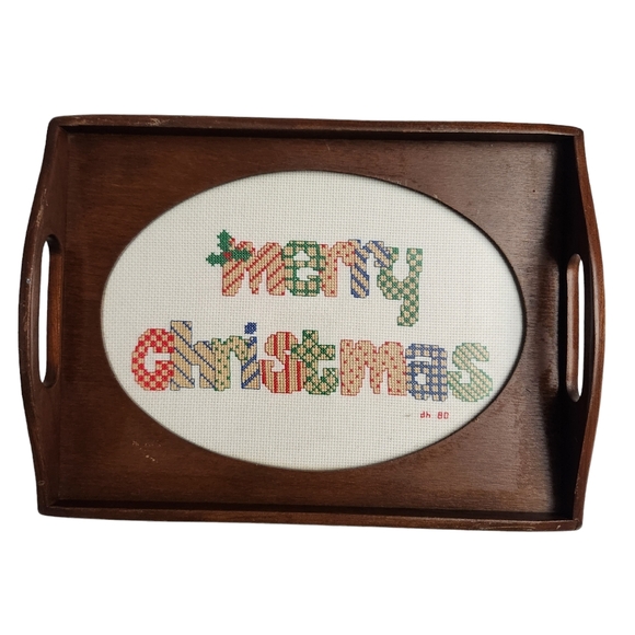 Vintage Needlepoint Glass Brown Wooden Decorative Lap Tray 12.5"  - Picture 1 of 6